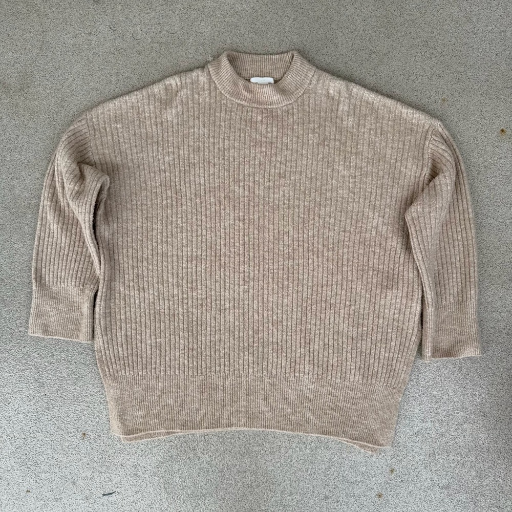 H&M Ribbed Knit Mens Medium Sweater - Beige Mock Neck Oversized Pullover